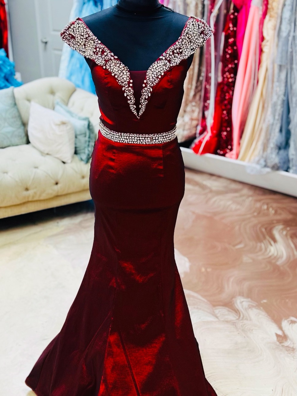 Beaded V-Neck Burgundy Prom Gown